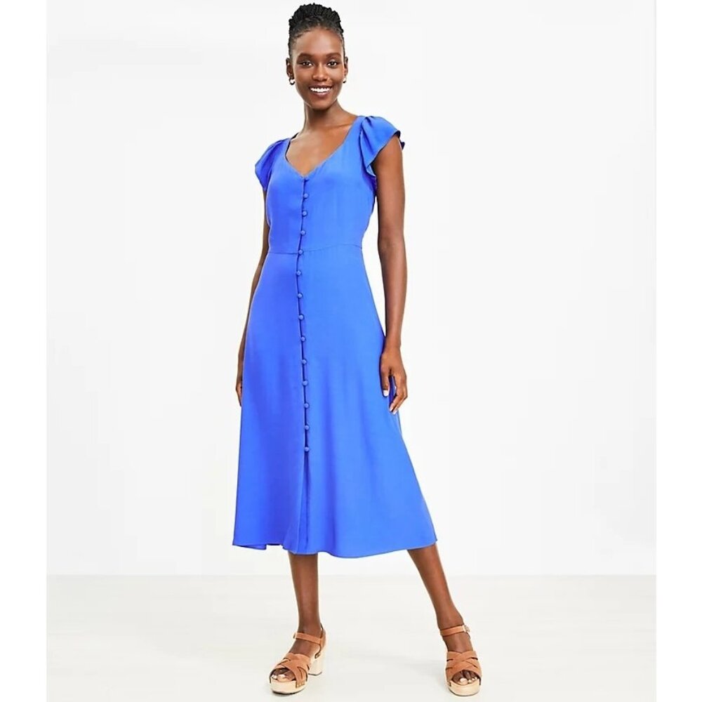 Loft | 8 Cap Sleeve Button Up Midi Dress Boho Cottage Core Vacation Resort Event